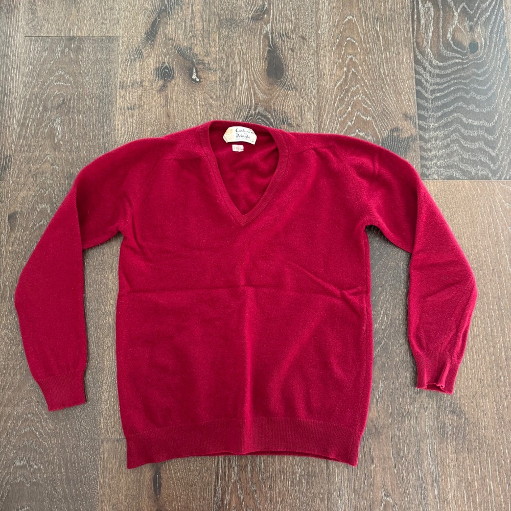 Vintage Pringle of Scotland Mens Red Cashmere V-Neck Sweater Made in Scotland